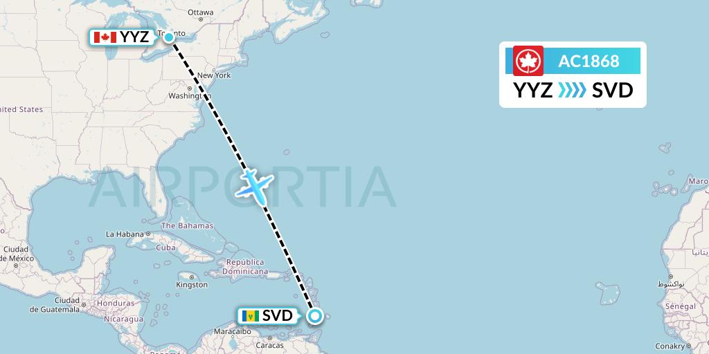 AC1868 Air Canada Flight Map: Toronto to Kingstown