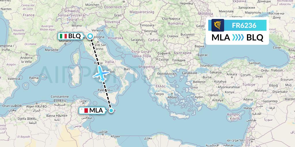 FR6236 Ryanair Flight Map: Malta to Bologna