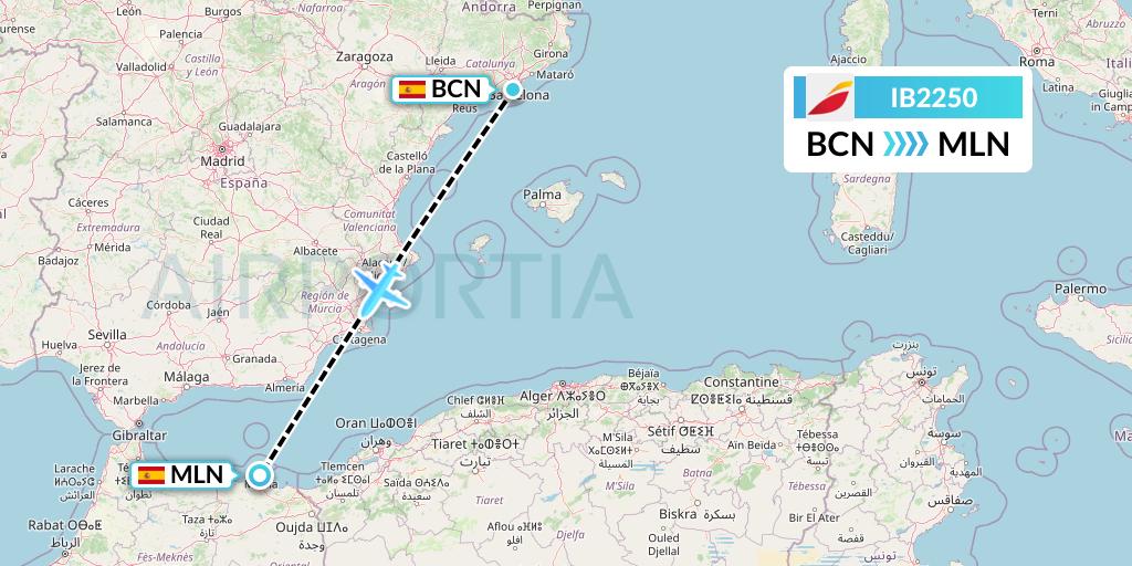 IB2250 Iberia Flight Map: Barcelona to Melilla