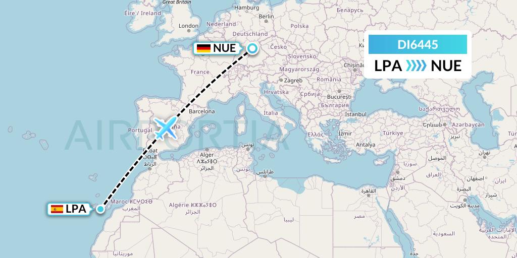 DI6445 Marabu Airlines Flight Map: Las Palmas to Nurnberg