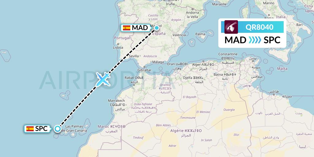 QR8040 Qatar Airways Flight Map: Madrid to La Palma