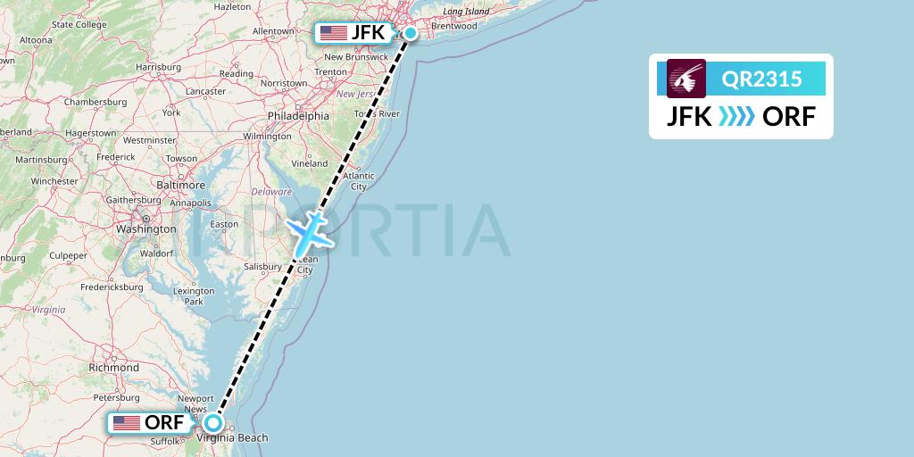 QR2315 Qatar Airways Flight Map: New York to Norfolk