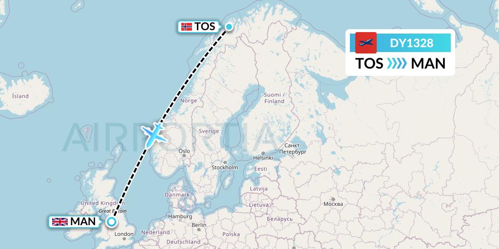 DY1328 Norwegian Flight Map: Tromso to Manchester