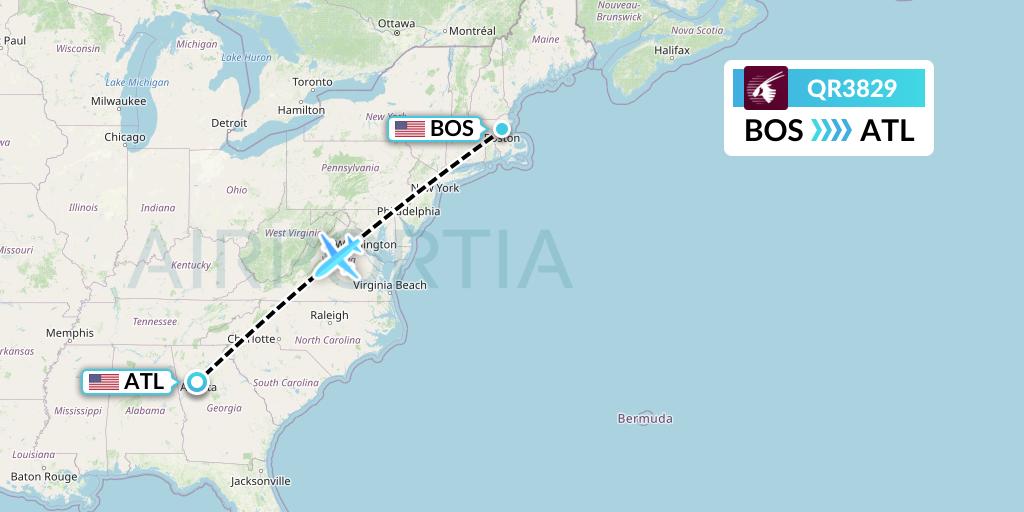 QR3829 Qatar Airways Flight Map: Boston to Atlanta