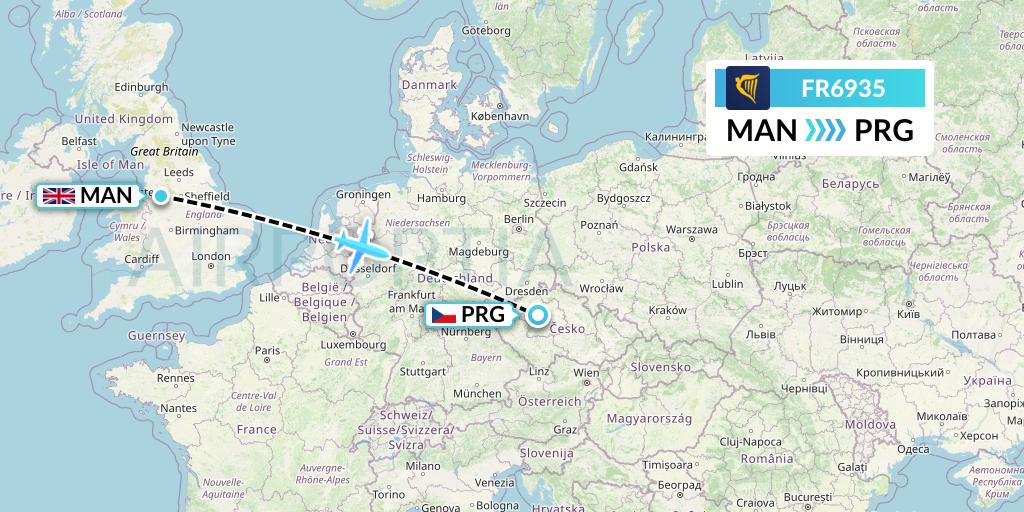 FR6935 Ryanair Flight Map: Manchester to Prague