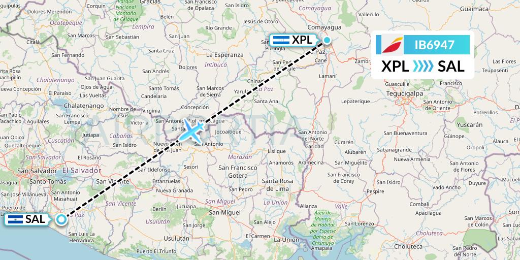 IB6947 Iberia Flight Map: Comayagua to San Salvador