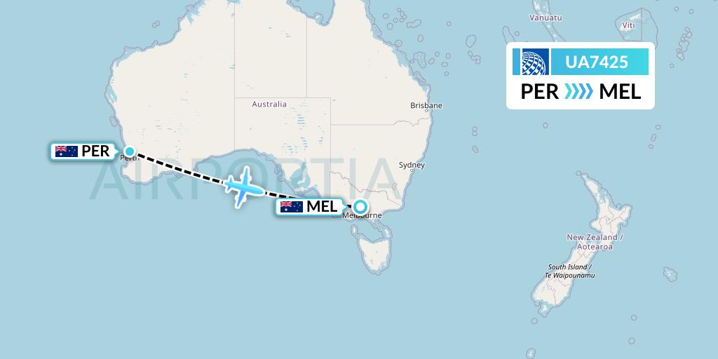 UA7425 United Airlines Flight Map: Perth to Melbourne