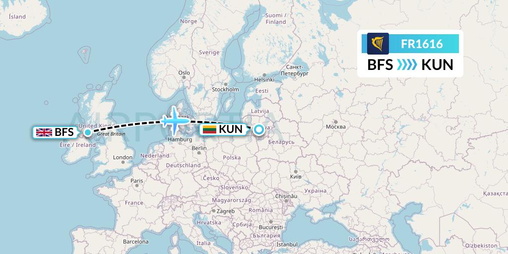 FR1616 Ryanair Flight Map: Belfast to Kaunas