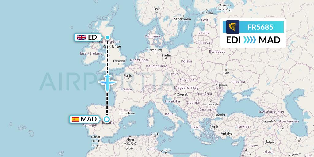 FR5685 Ryanair Flight Map: Edinburgh to Madrid