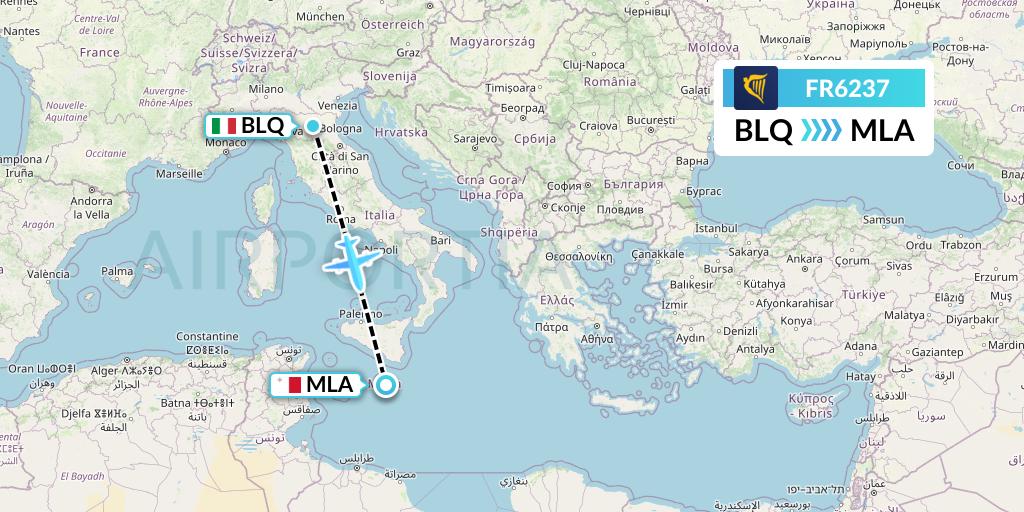 FR6237 Ryanair Flight Map: Bologna to Malta