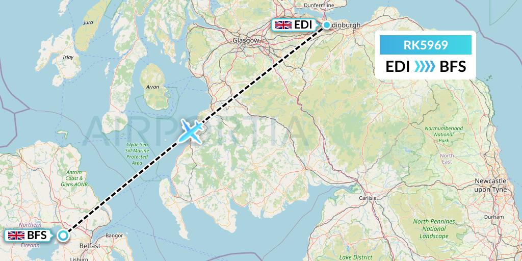 RK5969 Ryanair UK Flight Map: Edinburgh to Belfast
