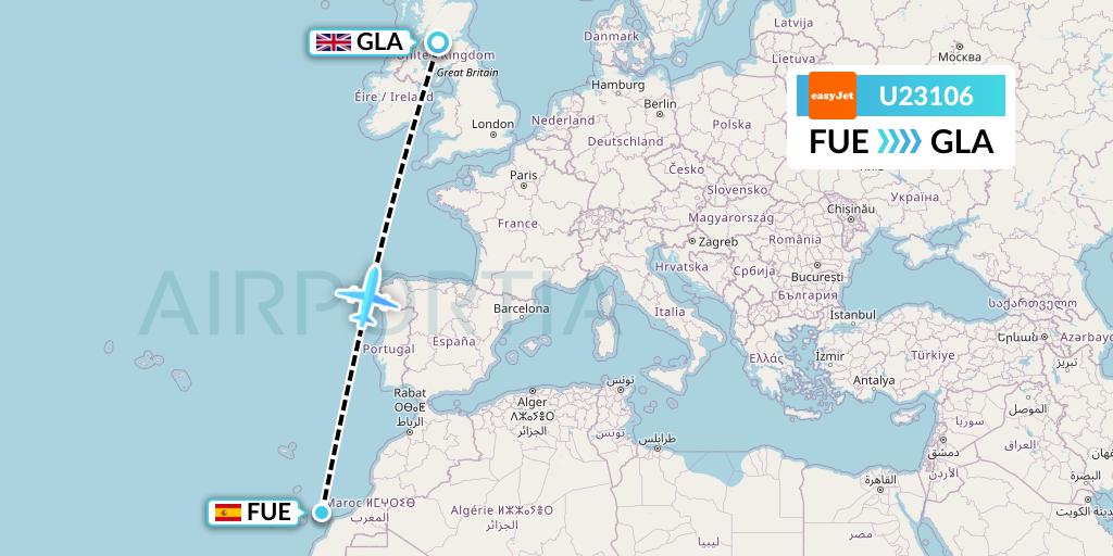 U23106 EasyJet Flight Map: Fuerteventura to Glasgow