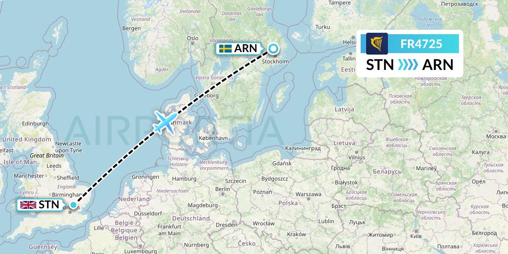 FR4725 Ryanair Flight Map: London to Stockholm