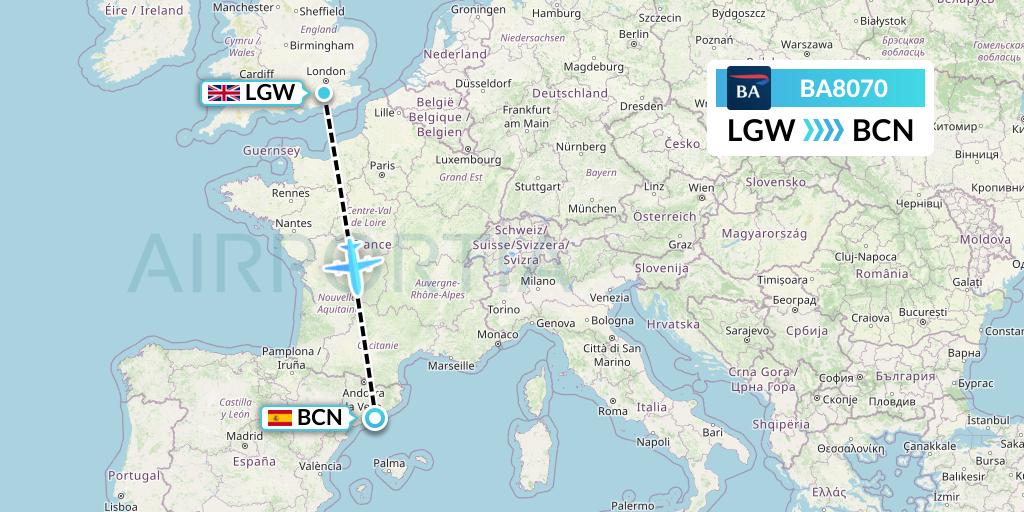 BA8070 British Airways Flight Map: London to Barcelona