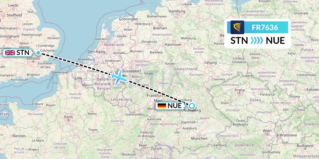 FR7636 Ryanair Flight Map: London to Nurnberg