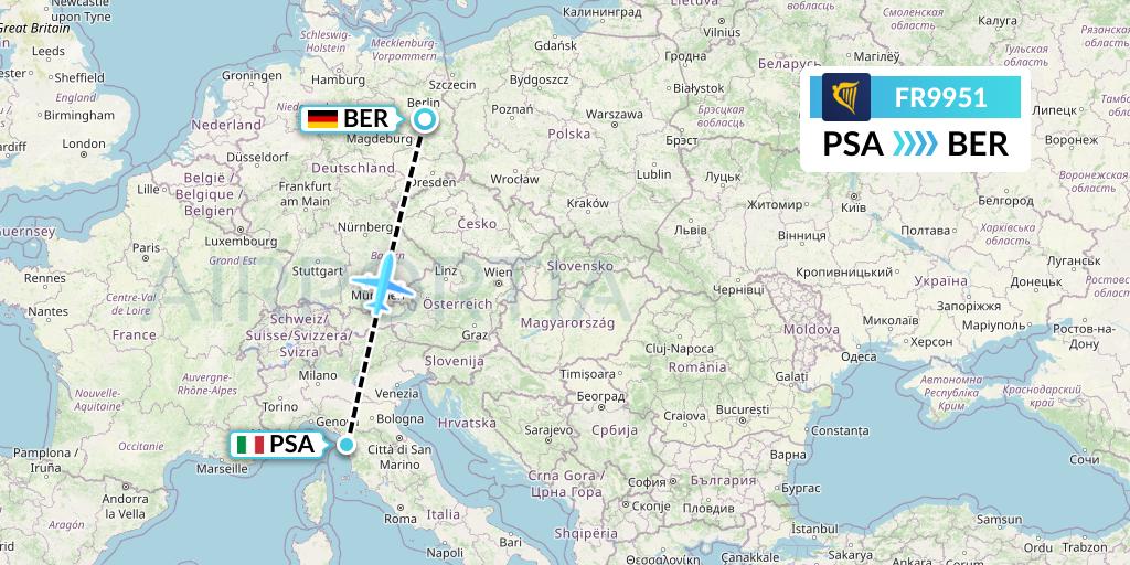 FR9951 Ryanair Flight Map: Pisa to Berlin