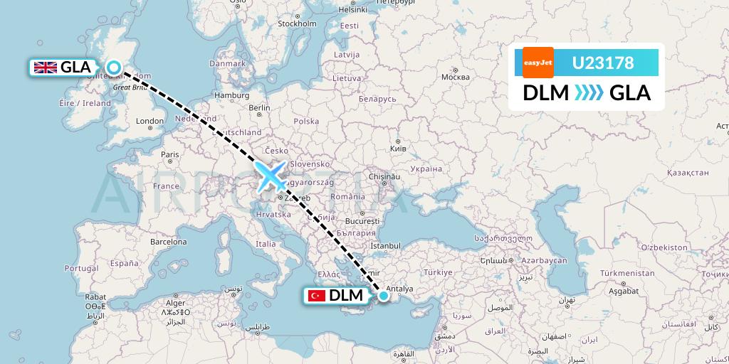 U23178 EasyJet Flight Map: Dalaman to Glasgow