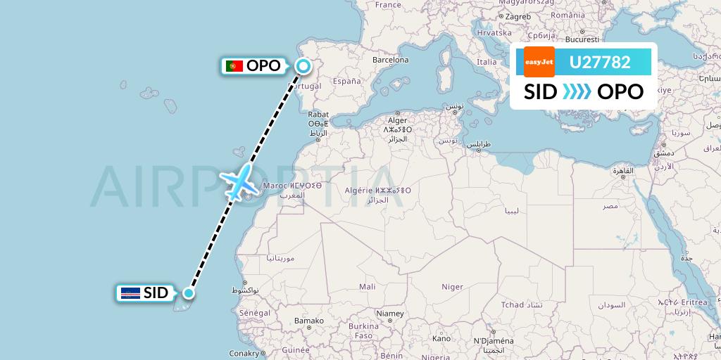 U27782 EasyJet Flight Map: Espargos to Porto