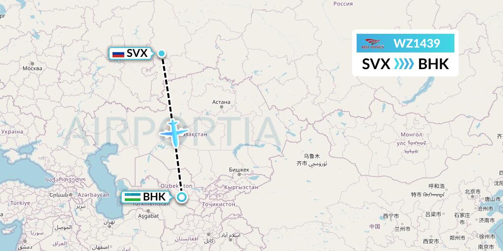 WZ1439 Red Wings Flight Map: Yekaterinburg to Bukhara