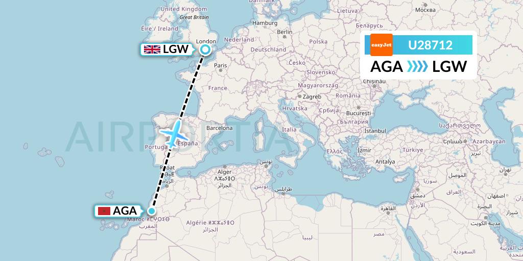 U28712 EasyJet Flight Map: Agadir to London
