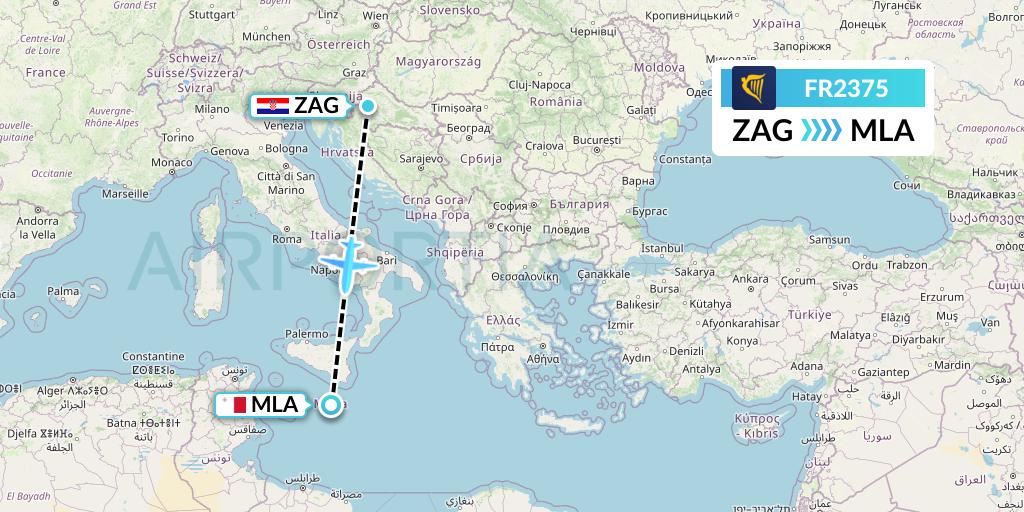 FR2375 Ryanair Flight Map: Zagreb to Malta