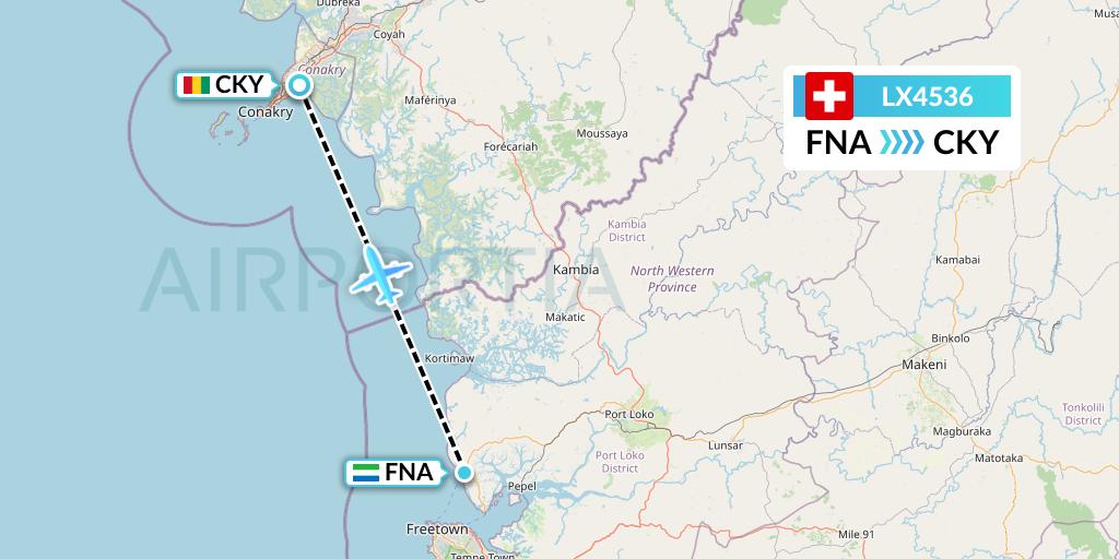 LX4536 Swiss Flight Map: Freetown to Conakry