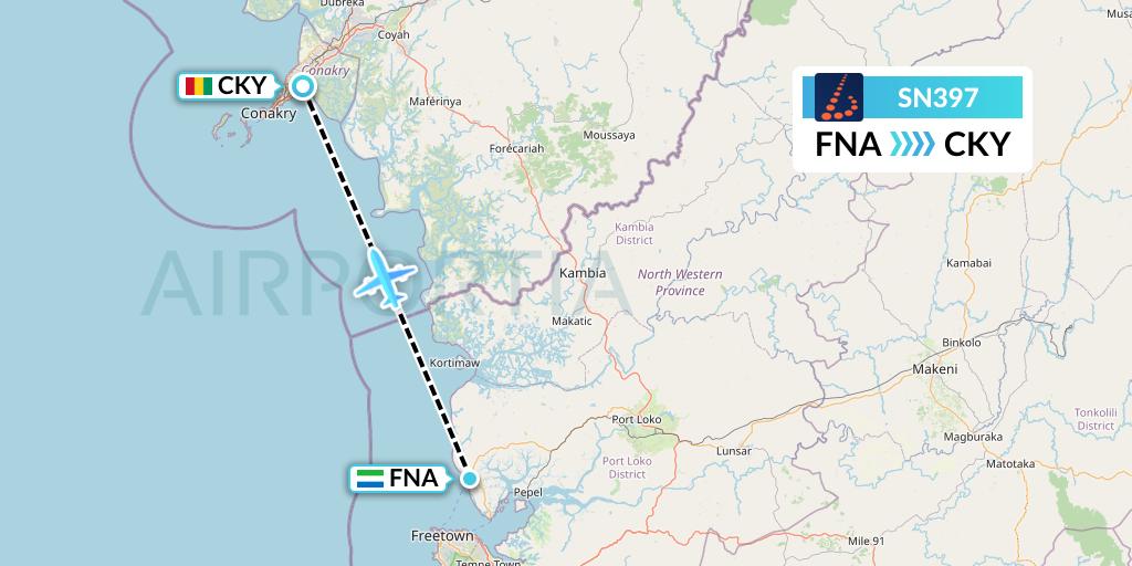 SN397 Brussels Airlines Flight Map: Freetown to Conakry
