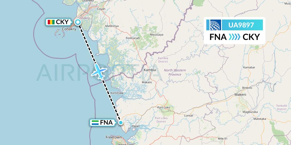 UA9897 United Airlines Flight Map: Freetown to Conakry