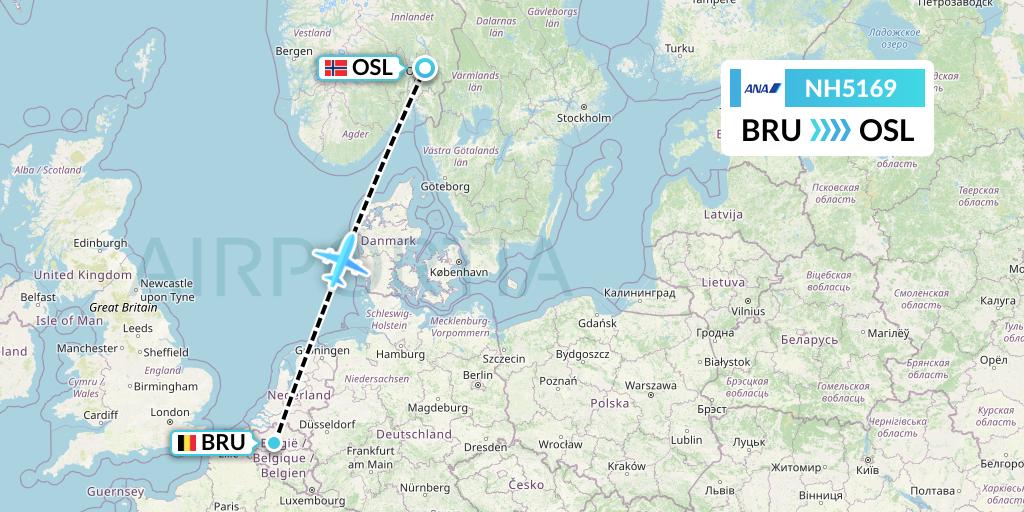 NH5169 All Nippon Airways Flight Map: Brussels to Oslo