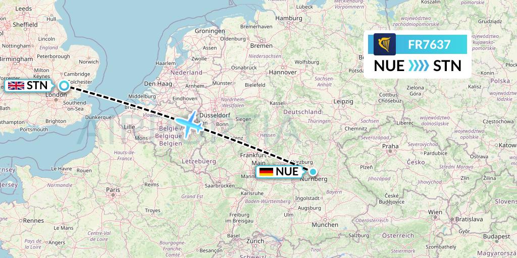 FR7637 Ryanair Flight Map: Nurnberg to London