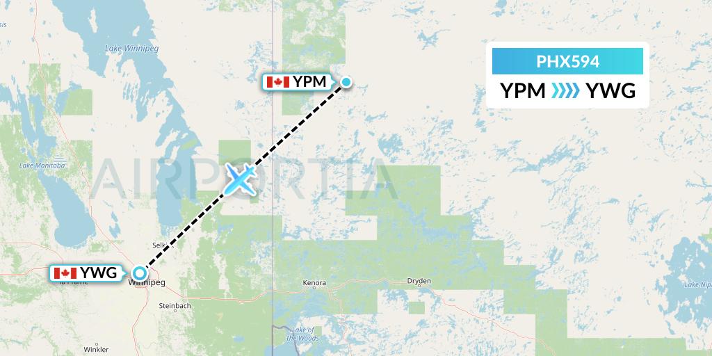 PHX594 SkyCare Flight Map: Pikangikum to Winnipeg