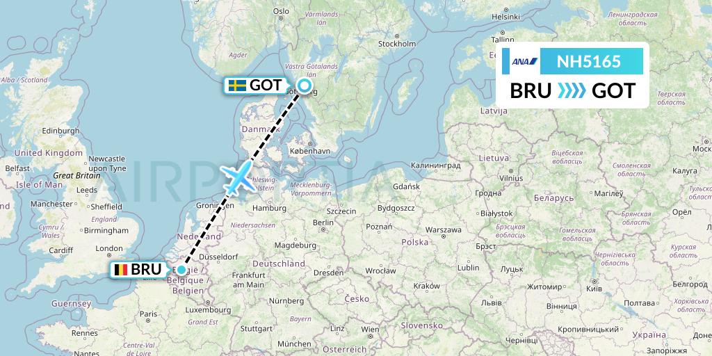 NH5165 All Nippon Airways Flight Map: Brussels to Gothenburg