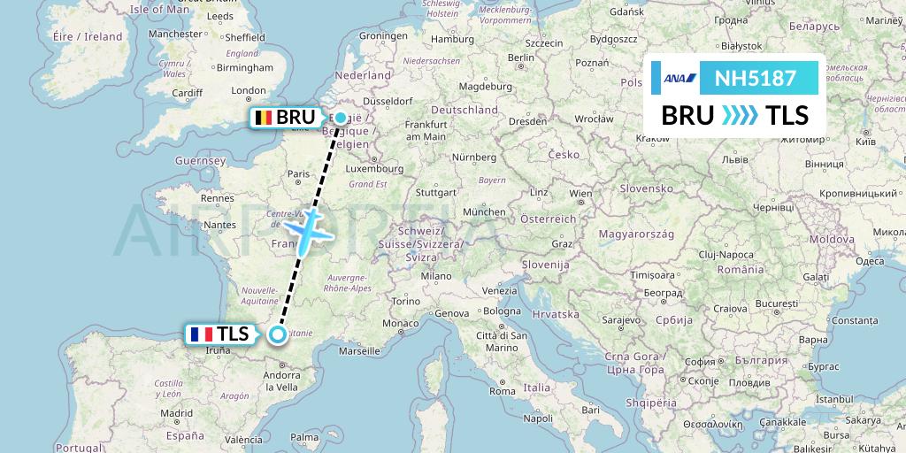 NH5187 All Nippon Airways Flight Map: Brussels to Toulouse