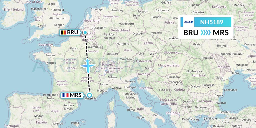 NH5189 All Nippon Airways Flight Map: Brussels to Marseille