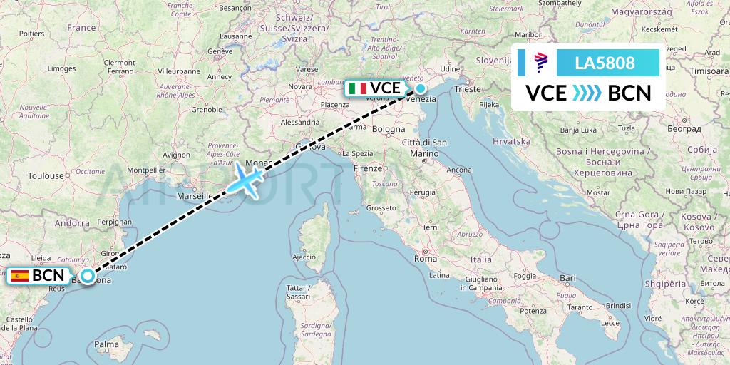 LA5808 LAN Airlines Flight Map: Venice to Barcelona