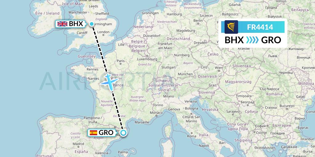 FR4414 Ryanair Flight Map: Birmingham to Girona
