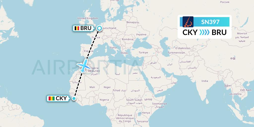 SN397 Brussels Airlines Flight Map: Conakry to Brussels