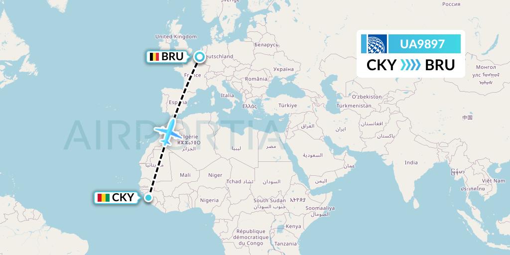 UA9897 United Airlines Flight Map: Conakry to Brussels