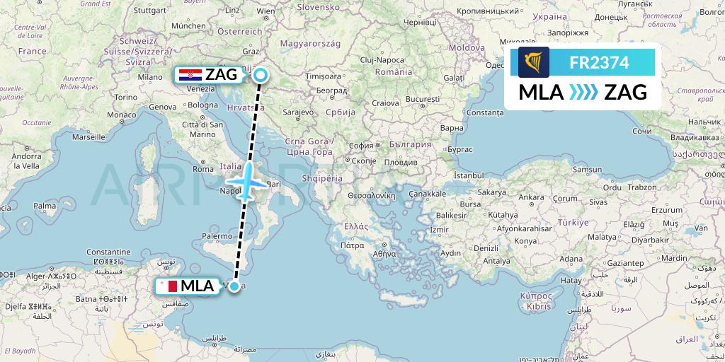 FR2374 Ryanair Flight Map: Malta to Zagreb