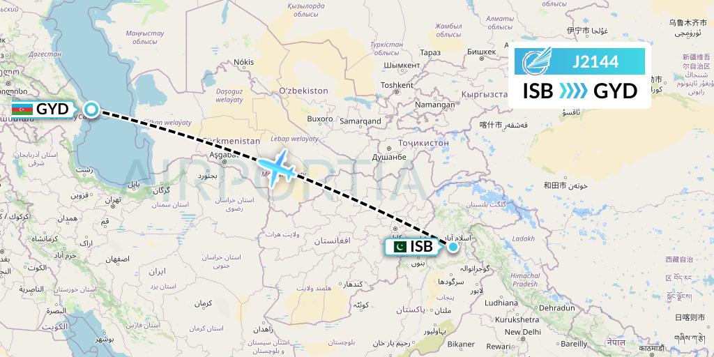 J2144 Azerbaijan Airlines Flight Map: Islamabad to Baku