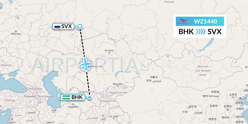 WZ1440 Red Wings Flight Map: Bukhara to Yekaterinburg