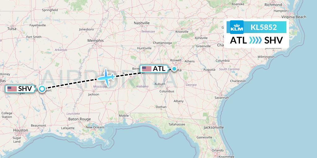 KL5852 KLM Flight Map: Atlanta to Shreveport