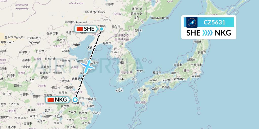 CZ5631 China Southern Airlines Flight Map: Shenyang to Nanjing