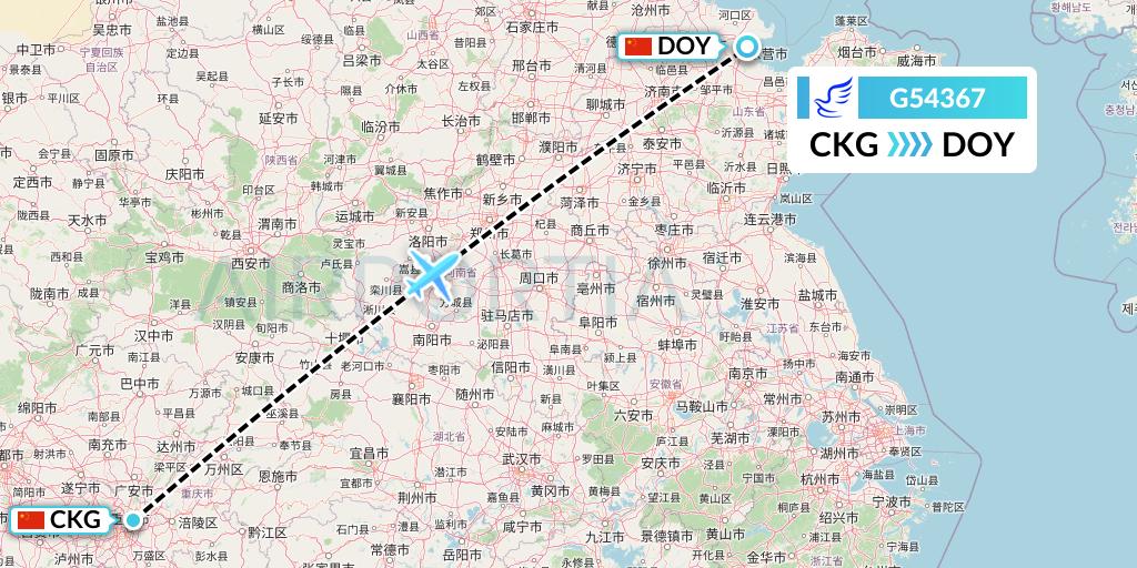 G54367 China Express Airlines Flight Map: Chongqing to Dongying