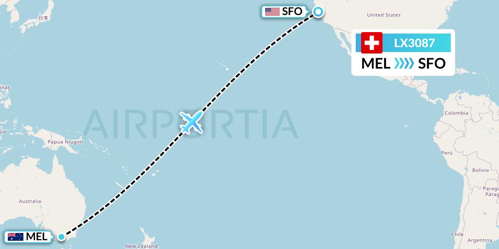 LX3087 Swiss Flight Map: Melbourne to San Francisco
