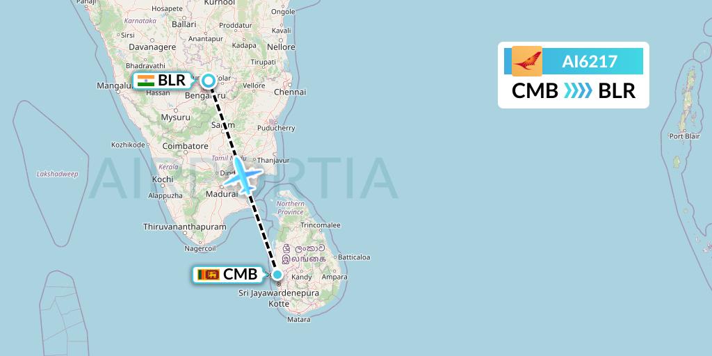 AI6217 Air India Flight Map: Colombo to Bangalore
