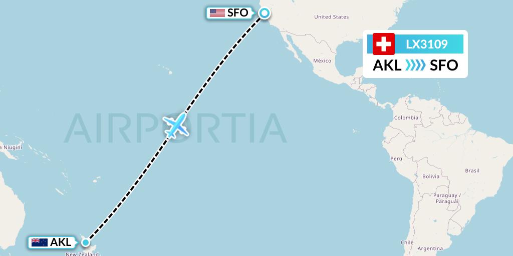 LX3109 Swiss Flight Map: Auckland to San Francisco