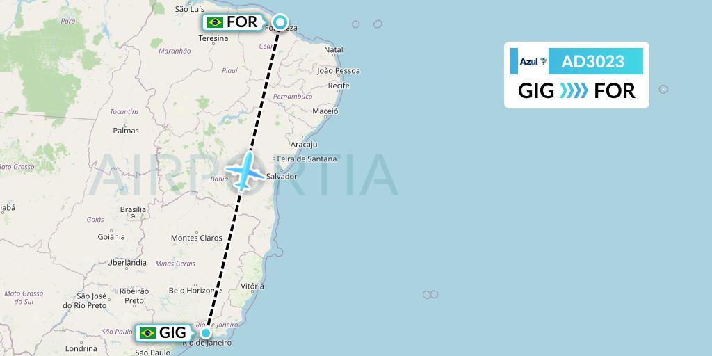 AD3023 Azul Brazilian Airlines Flight Map: Rio de Janeiro to Fortaleza