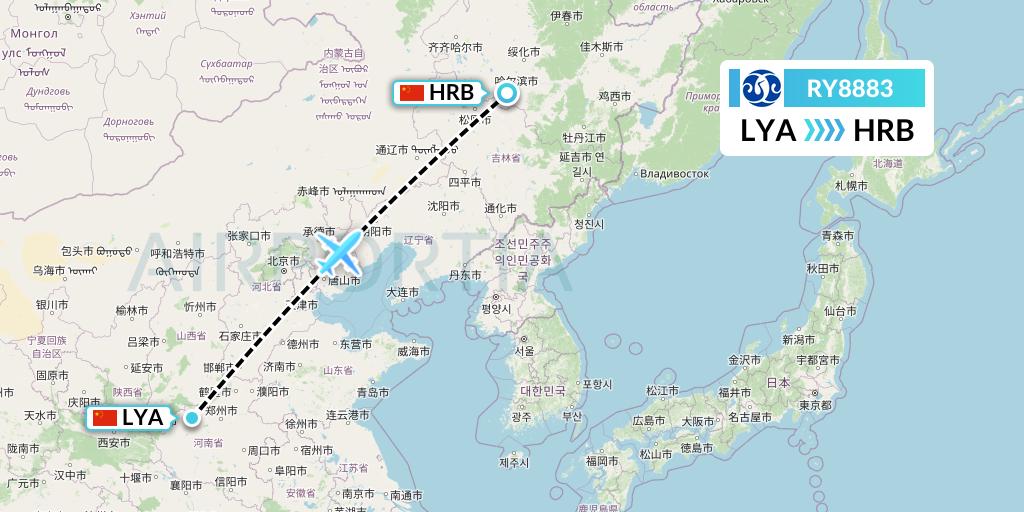 RY8883 Jiangxi Air Flight Map: Luoyang to Harbin