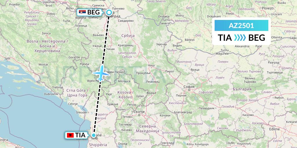 AZ2501 ITA Airways Flight Map: Tirana to Belgrade